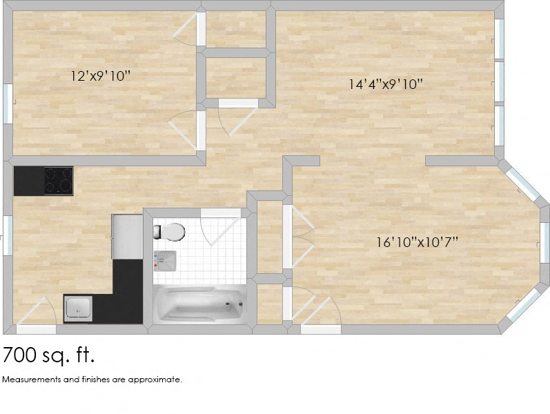 Floor plan for 1 bed, 1 bath, 720 sqft